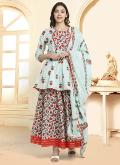 Sea Green Cotton Printed Anarkali Suit Work Wear -Mahra Clothing Shop sea green cotton printed anarkali suit slsjopljpr803 u