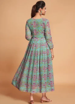 Sea Green Georgette Digital Print Fit And Flare Dress After Six Wear -Mahra Clothing Shop sea green georgette digital print fit and flare dress drsacw9022 b