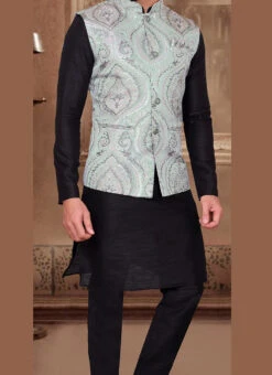 Sea Green Silk Jacquard Work Nehru Jacket