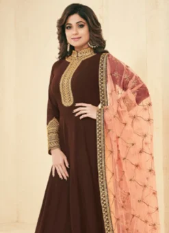 Shamita Shetty Brown Embroidered Anarkali Suit Party Wear -Mahra Clothing Shop shamita shetty brown embroidered anarkali suit slscch348042 b