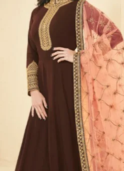 Shamita Shetty Brown Embroidered Anarkali Suit Party Wear