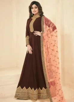 Shamita Shetty Brown Embroidered Anarkali Suit Party Wear -Mahra Clothing Shop shamita shetty brown embroidered anarkali suit slscch348042 u