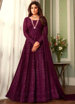 Shamita Shetty Wine Georgette Anarkali Suit Party Wear Party Wear -Mahra Clothing Shop shamita shetty wine georgette anarkali suit party wear slsak25178385 u