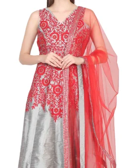 Silver Raw Silk Embroidery Anarkali Suit Party Wear