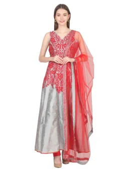 Silver Raw Silk Embroidery Anarkali Suit Party Wear -Mahra Clothing Shop silver raw silk embroidery anarkali suit slkifh9900546 u