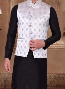 Silver Velvet Jacquard Nehru Jacket