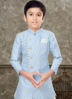Sky Blue And Off White Art Silk Jacquard Indowestern Sherwani Party Wear -Mahra Clothing Shop sky blue and off white art silk jacquard indowestern sherwani kdbsgr627 b
