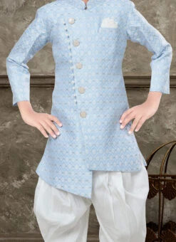 Sky Blue And Off White Art Silk Jacquard Indowestern Sherwani Party Wear
