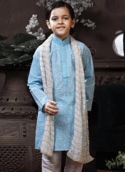 Sky Blue Cotton Printed Boys Kurta Pyjama Party Wear -Mahra Clothing Shop sky blue cotton printed boys kurta pyjama kdbmss6206 b