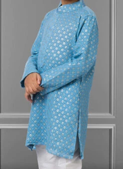 Sky Blue Georgette Embroidered Boys Kurta Pyjama Party Wear