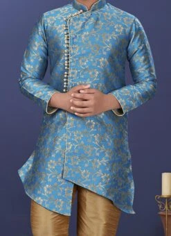 Sky Blue Heavy Silk Boys Indowestern Sherwani Party Wear