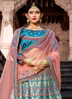 Sky Blue Satin Blend Resham Umbrella Lehenga Festive Wear -Mahra Clothing Shop sky blue satin blend resham umbrella lehenga ghsad1502 b