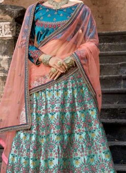 Sky Blue Satin Blend Resham Umbrella Lehenga Festive Wear