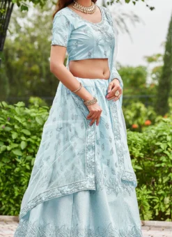 Sky Blue Satin Silk Embroidered Umbrella Lehenga Party Wear