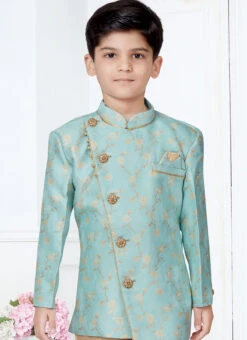 Sky Blue Silk Jacquard Work Indowestern Sherwani Party Wear -Mahra Clothing Shop sky blue silk jacquard work indowestern sherwani kdbmsgr514 b