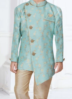 Sky Blue Silk Jacquard Work Indowestern Sherwani Party Wear