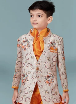 Slate Grey Silk Jacquard Indowestern Sherwani Party Wear -Mahra Clothing Shop slate grey silk jacquard indowestern sherwani kdbmsgr522 b