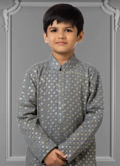 Smokey Grey Georgette Embroidered Boys Kurta Pyjama Party Wear -Mahra Clothing Shop smokey grey georgette embroidered boys kurta pyjama kdbkvs736 b