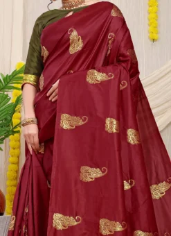 Soft Patola Silk Zari Weaving Work Maroon Color Saree Party Wear