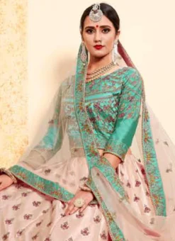 Soft Peach Satin Embroidered Umbrella Lehenga Wedding Wear -Mahra Clothing Shop soft peach satin embroidered umbrella lehenga ghsak43011603 b