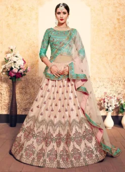 Soft Peach Satin Embroidered Umbrella Lehenga Wedding Wear -Mahra Clothing Shop soft peach satin embroidered umbrella lehenga ghsak43011603 u