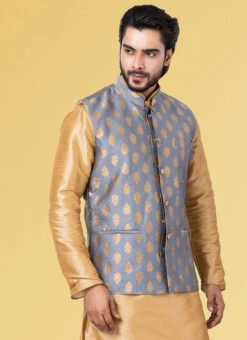 Spruce Blue Jacquard Silk Nehru Jacket -Mahra Clothing Shop spruce blue jacquard silk nehru jacket jmkkvs462 b