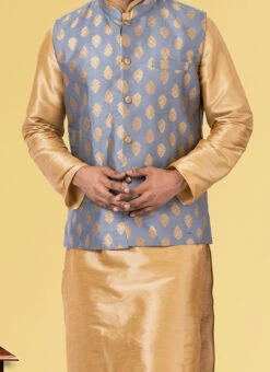 Spruce Blue Jacquard Silk Nehru Jacket