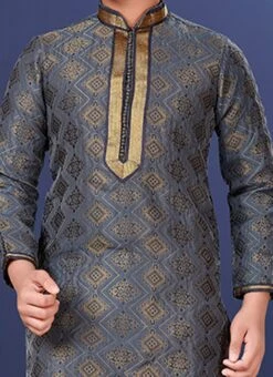 Stone Blue Jacquard Silk Kurta Pyjama