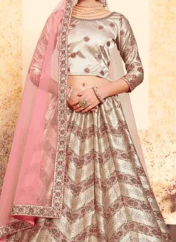 Tan Beige Satin Embroidered Umbrella Lehenga Wedding Wear
