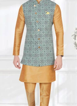 Teal Art Silk Nehru Jacket
