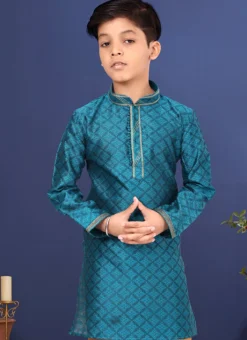 Teal Blackberry Silk Jacquard Boys Kurta Pyjama -Mahra Clothing Shop teal blackberry silk jacquard boys kurta pyjama kdbmvs641 b