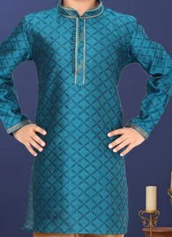 Teal Blackberry Silk Jacquard Boys Kurta Pyjama