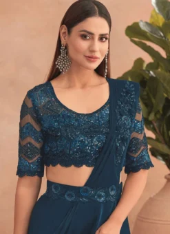Teal Blue Chinon Silk Embroidered Ready Pleated Saree Party Wear -Mahra Clothing Shop teal blue chinon silk embroidered ready pleated saree saska36307302e b