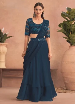 Teal Blue Chinon Silk Embroidered Ready Pleated Saree Party Wear -Mahra Clothing Shop teal blue chinon silk embroidered ready pleated saree saska36307302e u