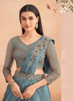 Teal Blue Chinon Silk Ready Pleated Saree Party Wear -Mahra Clothing Shop teal blue chinon silk ready pleated saree saska36367304b b