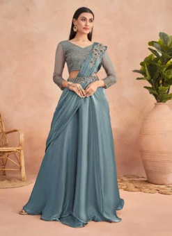 Teal Blue Chinon Silk Ready Pleated Saree Party Wear -Mahra Clothing Shop teal blue chinon silk ready pleated saree saska36367304b u