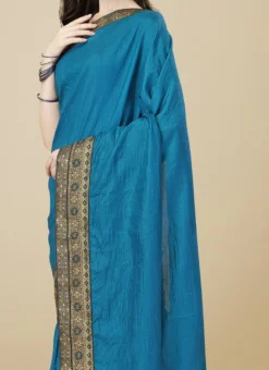 Teal Blue Color Zari Work Silk Saree Festive Wear