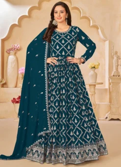 Teal Blue Faux Georgette Embroidered Anarkali Suit Party Wear -Mahra Clothing Shop teal blue faux georgette embroidered anarkali suit slska482010243 u