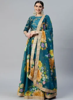 Teal Blue Georgette Digital Printed Work Umbrella Lehenga Party Wear -Mahra Clothing Shop teal blue georgette digital printed work umbrella lehenga ghsacw3034 u