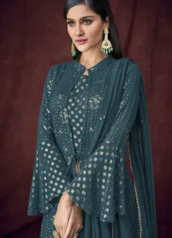 Teal Blue Georgette Embroidered Long Choli Lehenga Festive Wear -Mahra Clothing Shop teal blue georgette embroidered long choli lehenga ghsak32397106e b