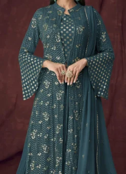 Teal Blue Georgette Embroidered Long Choli Lehenga Festive Wear
