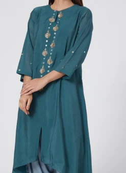 Teal Blue Pure Chanderi Silk Embroidered Kurta Dhoti Set Party Wear