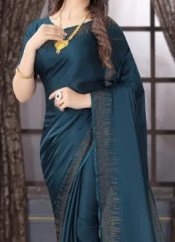Teal Blue Satin Blend Saree After Six Wear