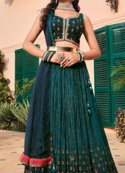 Teal Green Chinon Digital Print Umbrella Lehenga Party Wear