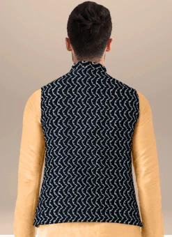 Teen Boys Beige N Blue Velvet Embroidered Bandi Set Party Wear