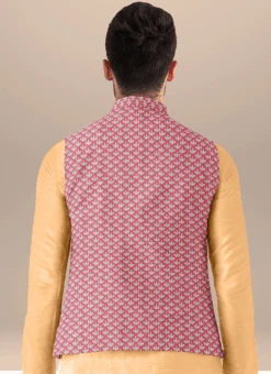 Teen Boys Beige N Pink Embroidered Bandi Set Party Wear