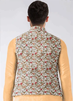 Teen Boys White Embroidered N Beige Bandi Set Party Wear