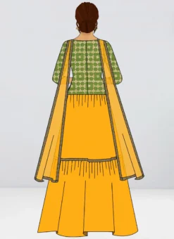 Teen Girls Olive Green Brocade N Yellow Layered Lehenga Set Festive Wear