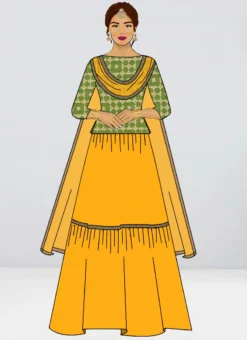 Teen Girls Olive Green Brocade N Yellow Layered Lehenga Set Festive Wear -Mahra Clothing Shop teen girls olive green brocade n yellow layered lehenga set TGGHBS02012721 u