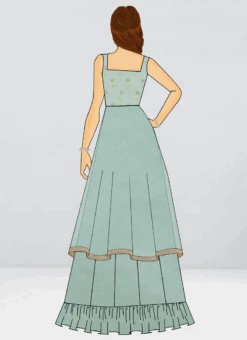 Teen Girls Sea Blue Cotton Embroidered Layered Style Gown Wedding Wear